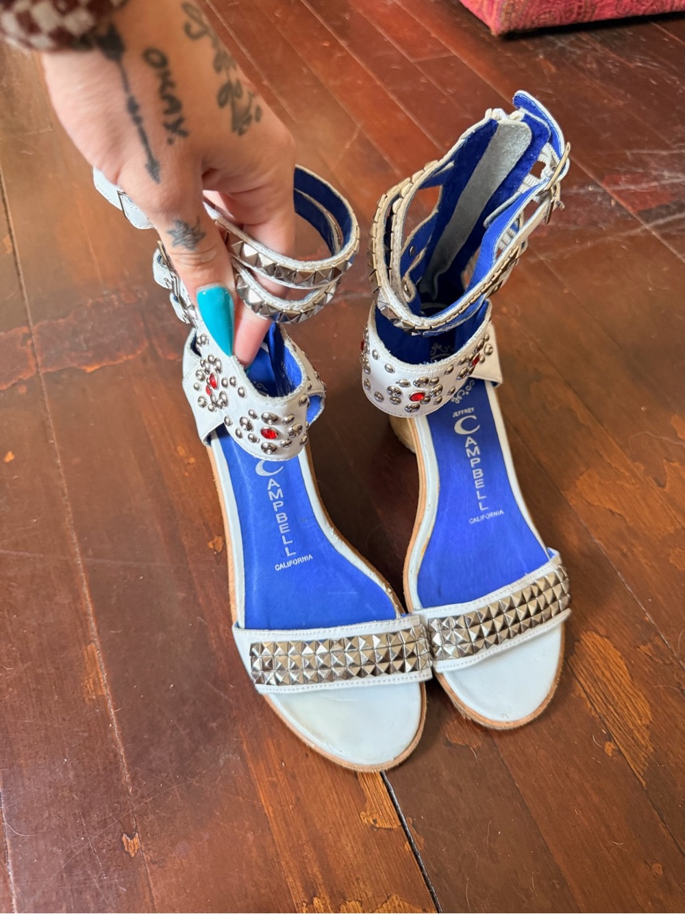 Jeffrey Campbell White Studded Ankle-Strap Heels with Blue Insole